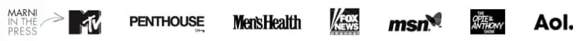 Marcas de credibilidade: MTV, Penthouse, Men's Health, Fox News, MSN, The Opie & Anthony Show, AOL